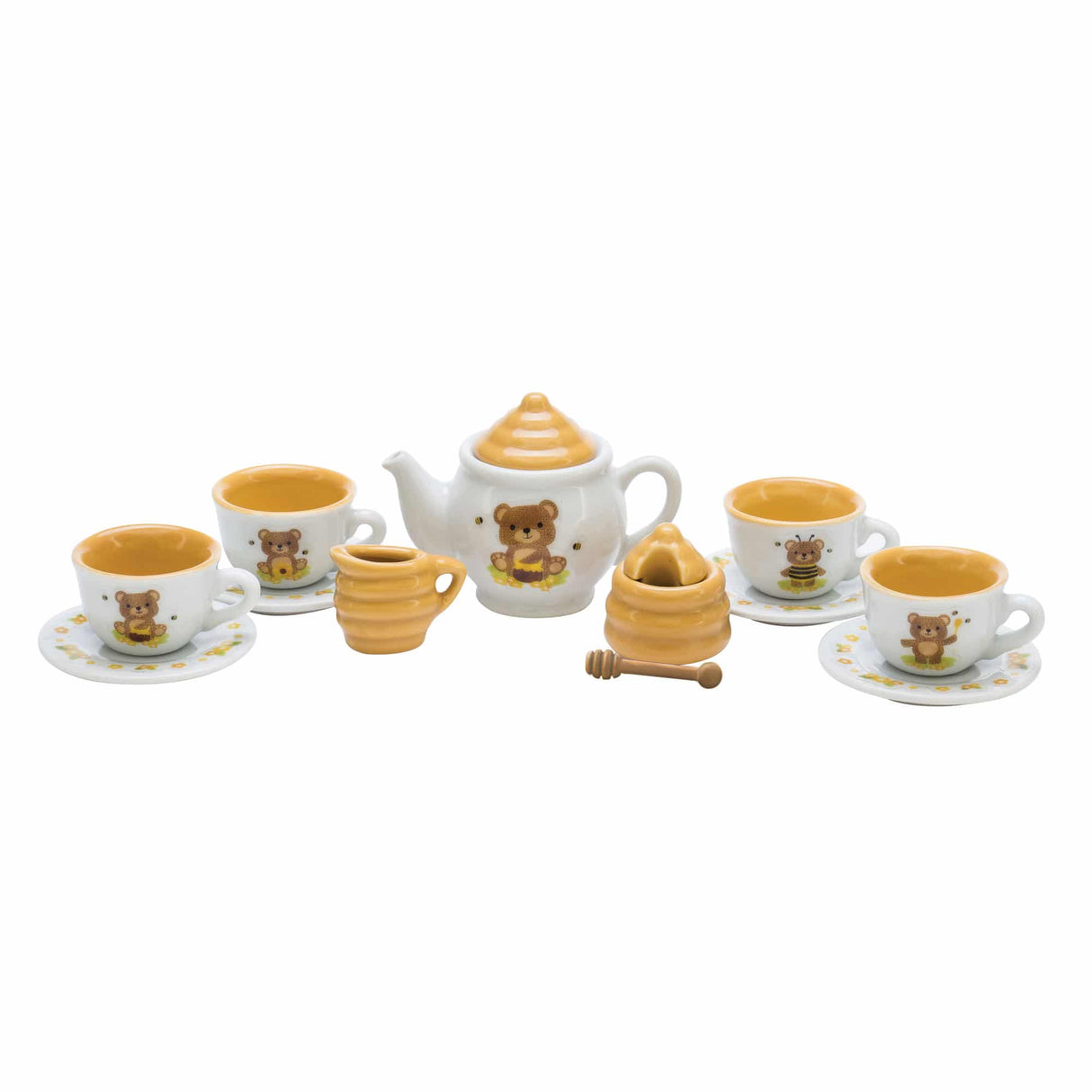 Porcelain tea set with honey bear designs, including cups, teapot, and creamer for Schylling HBTS