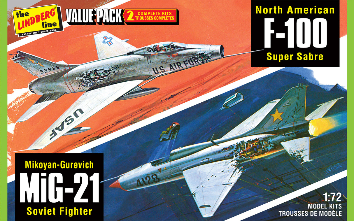Two scale model kits: North American F-100 and Mikoyan-Gurevich MiG-21 for Lindberg HL432/12
