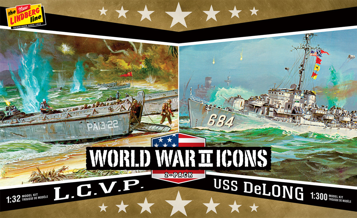 WWII model kit set: LCVP and USS Delong ships in action for Lindberg HL440/12