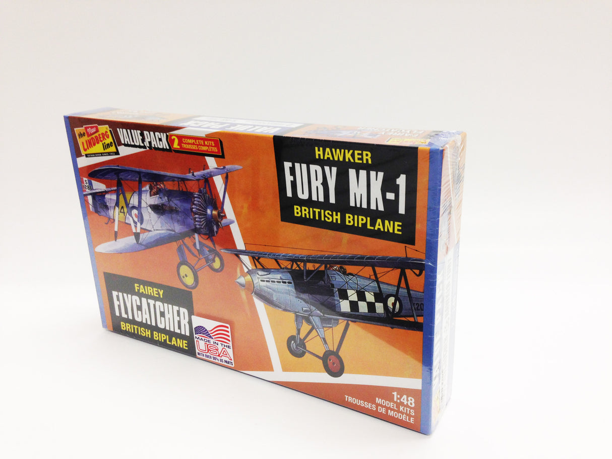 Model kit box featuring Fairey Flycatcher and Hawker Fury biplanes for Lindberg HL441/12
