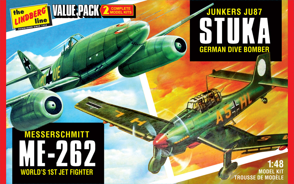 Model kit box art showing German Stuka and Me-262 fighters in flight for Lindberg HL508/12