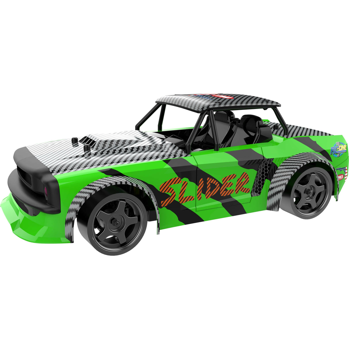 Green and black drift car model with silver accents for IMEX IMEX, rear view