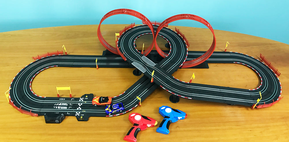 Slot car race set with track and two remote-controlled cars for EXCLUSIVE JLRS001