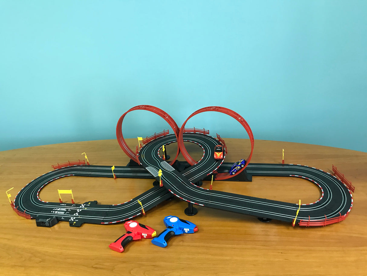 Slot car race set with track pieces and two remote-controlled cars for EXCLUSIVE JLRS001