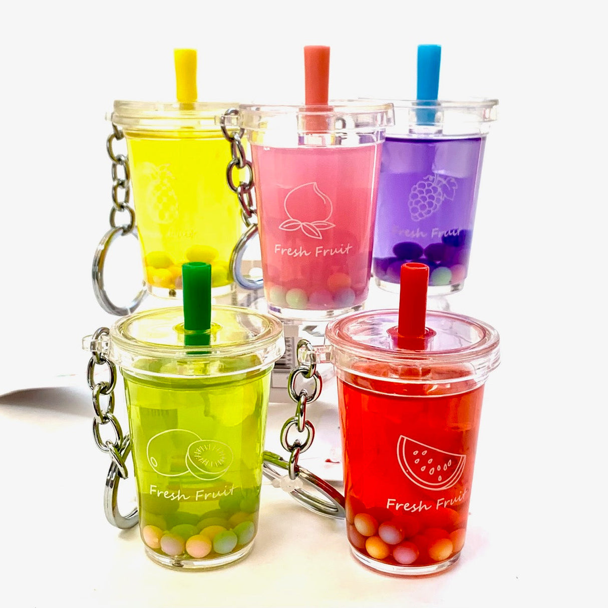 Colorful boba drink charms with fruit designs on silver chains for BC Mini 12042