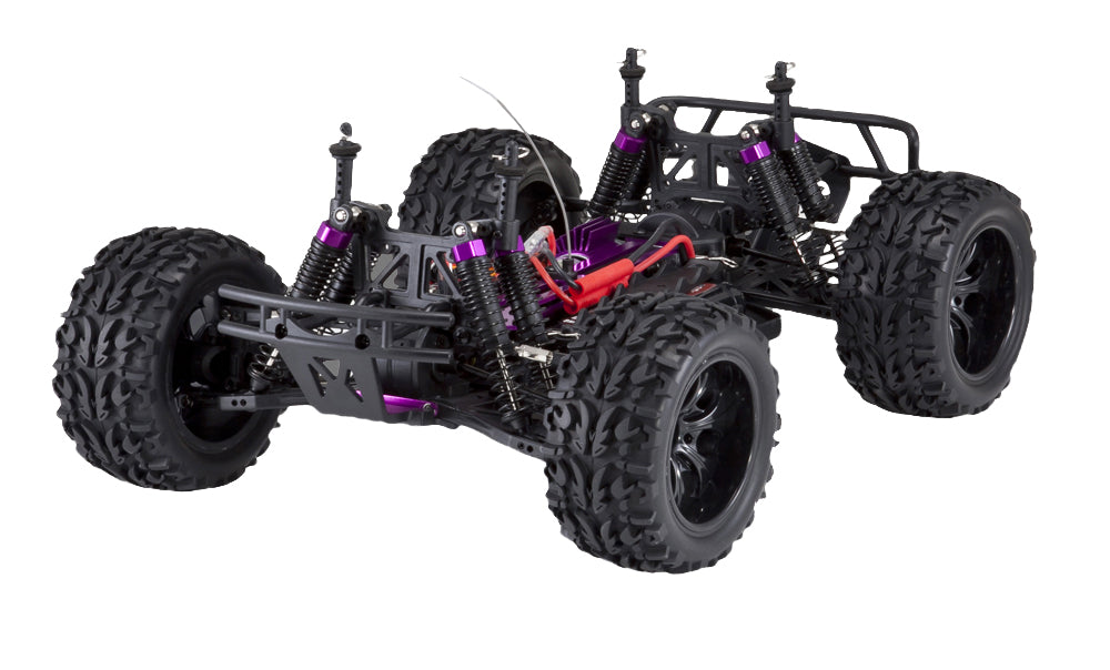 Electric monster truck with large off-road tires and black/purple chassis for RedCAT VOLCANOEP-94111-BS-24