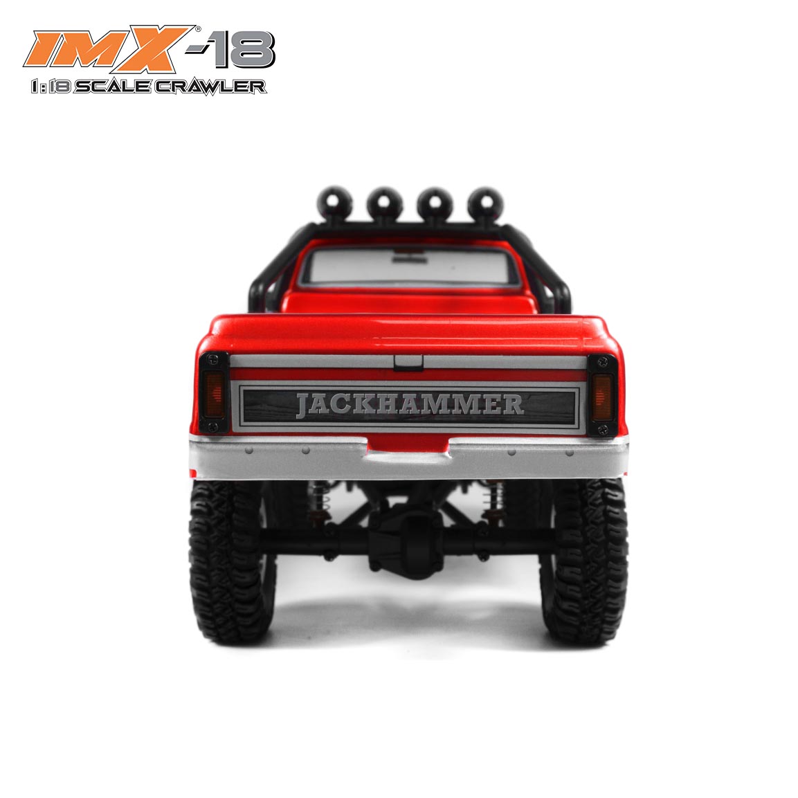 Red 1:18 scale crawler toy truck viewed from the rear for IMX IMX25000