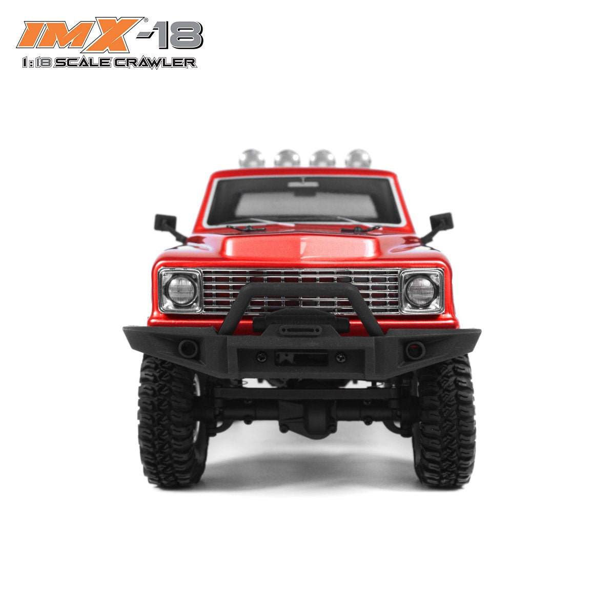 Red 1:18 scale crawler vehicle with off-road tires and front bumper for IMX IMX25000