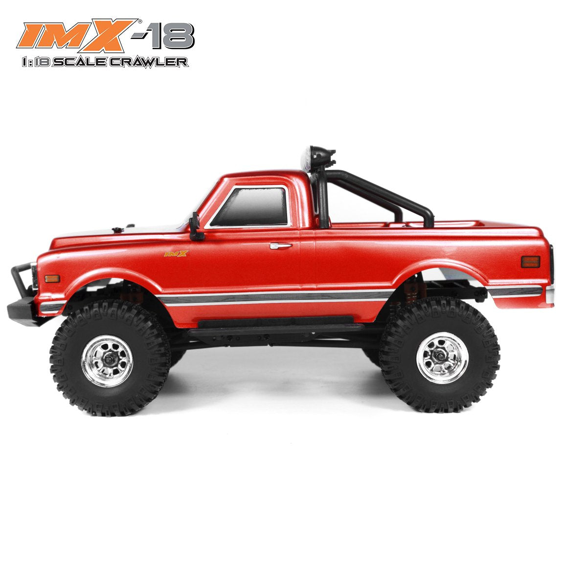 Red 1:18 scale crawler truck with off-road tires and roll bar for IMX IMX25000