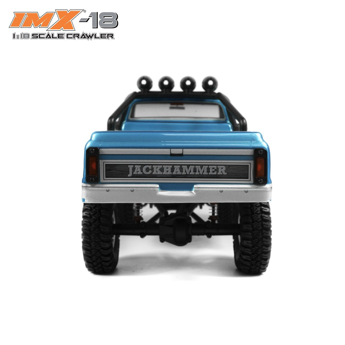Blue 1:18 scale crawler toy truck, viewed from the rear for IMX IMX25000