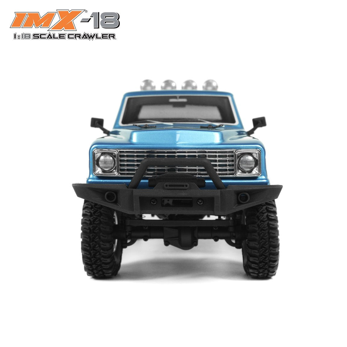 Blue 1:18 scale crawler vehicle with off-road tires and front bumper for IMX IMX25000