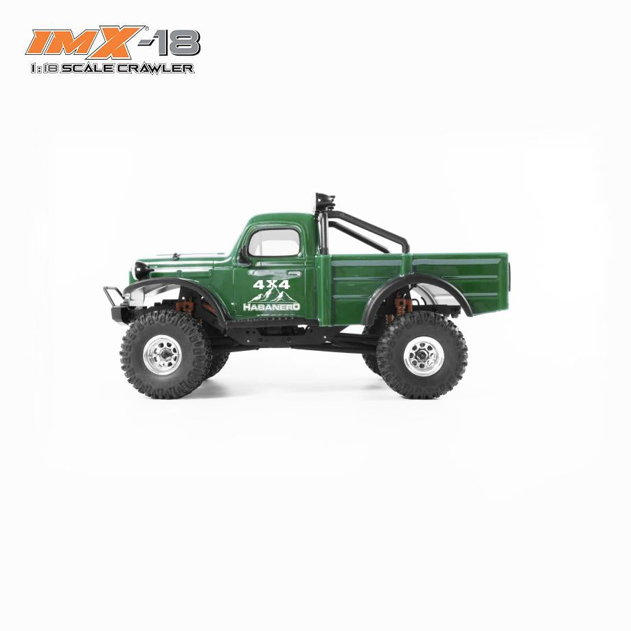 Green 1:8 scale crawler truck with open bed and off-road tires for IMX IMX25010