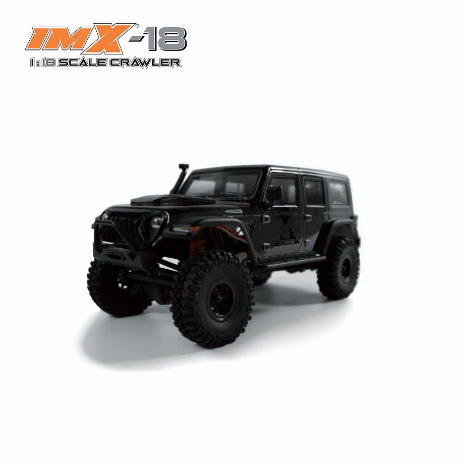 Black 1:18 scale crawler vehicle with large off-road tires for IMX IMX25015, front view