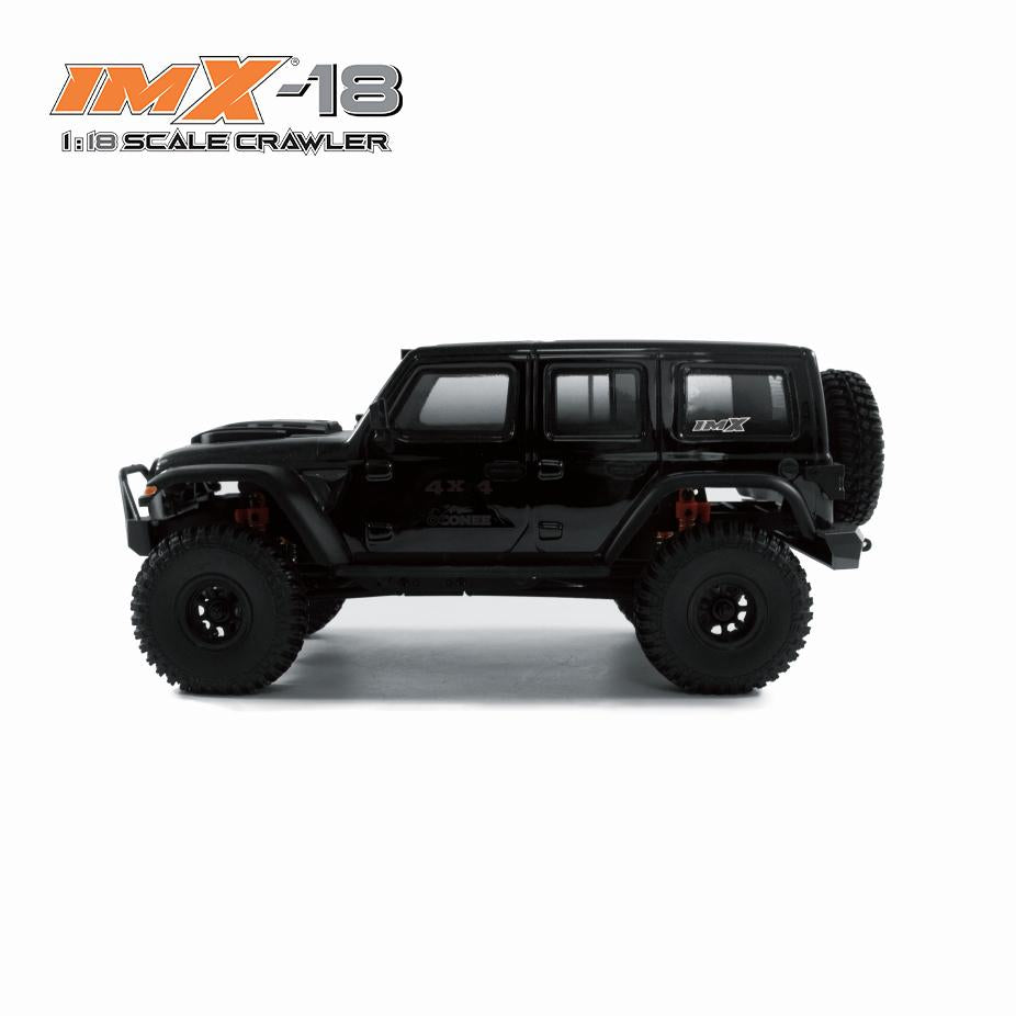 Black 1:18 scale crawler vehicle with large off-road tires for IMX IMX25015, rear view