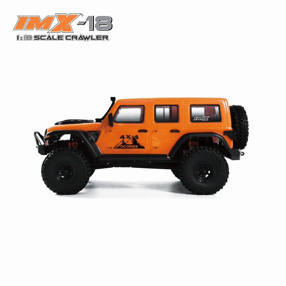 Orange 1:18 scale crawler vehicle with large off-road tires for IMX IMX25015