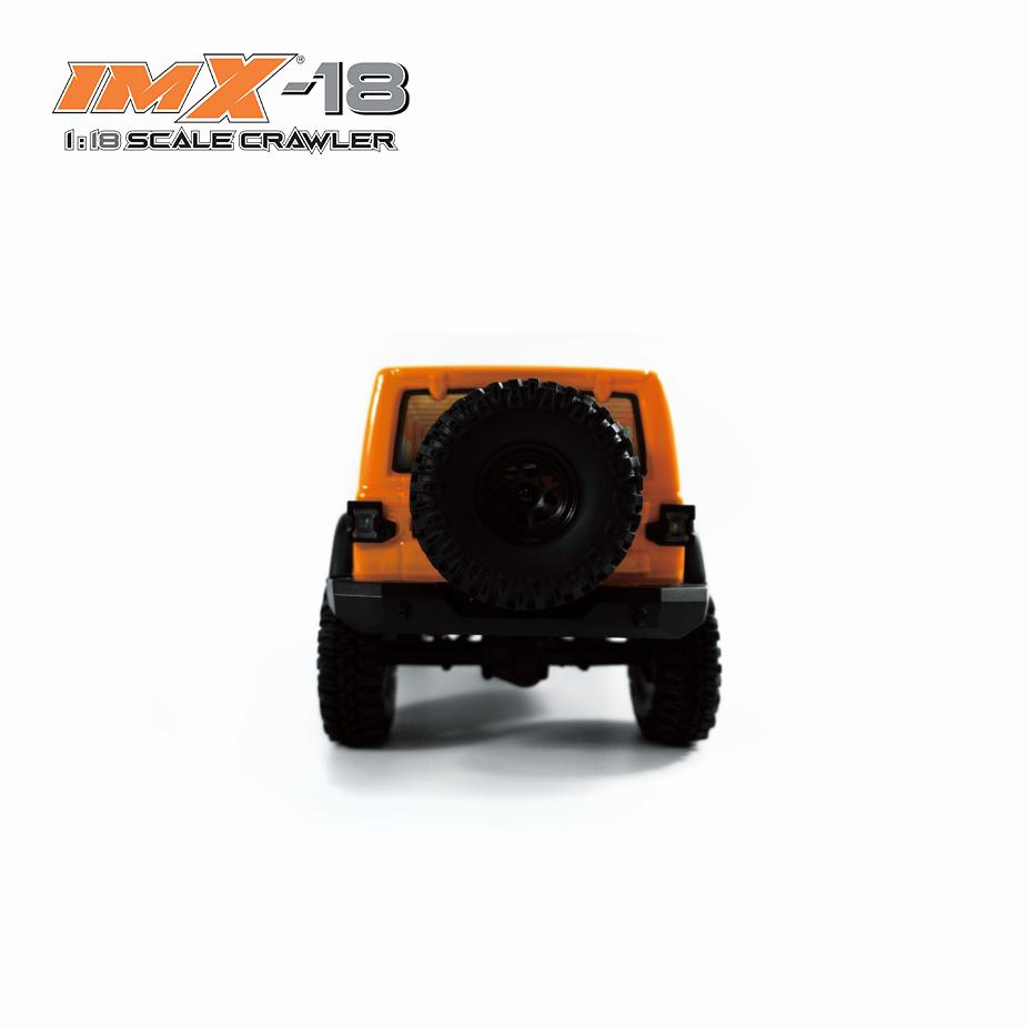 Orange 1:18 scale crawler vehicle viewed from the rear for IMX IMX25015