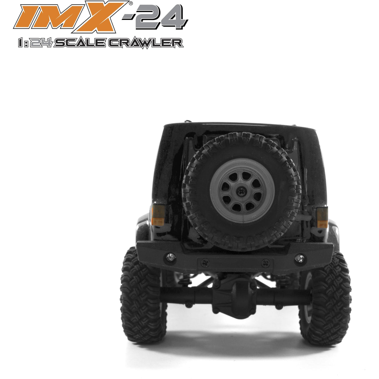 Black 1:24 scale crawler vehicle with large off-road tires for IMX IMX25055, front view
