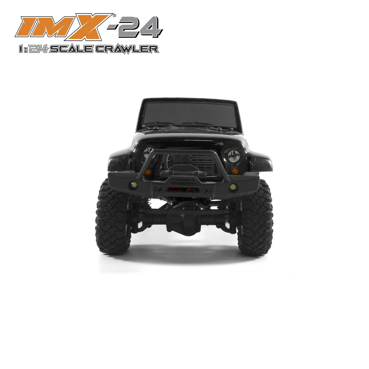 Black 1:24 scale crawler vehicle with large off-road tires for IMX IMX25055, rear view