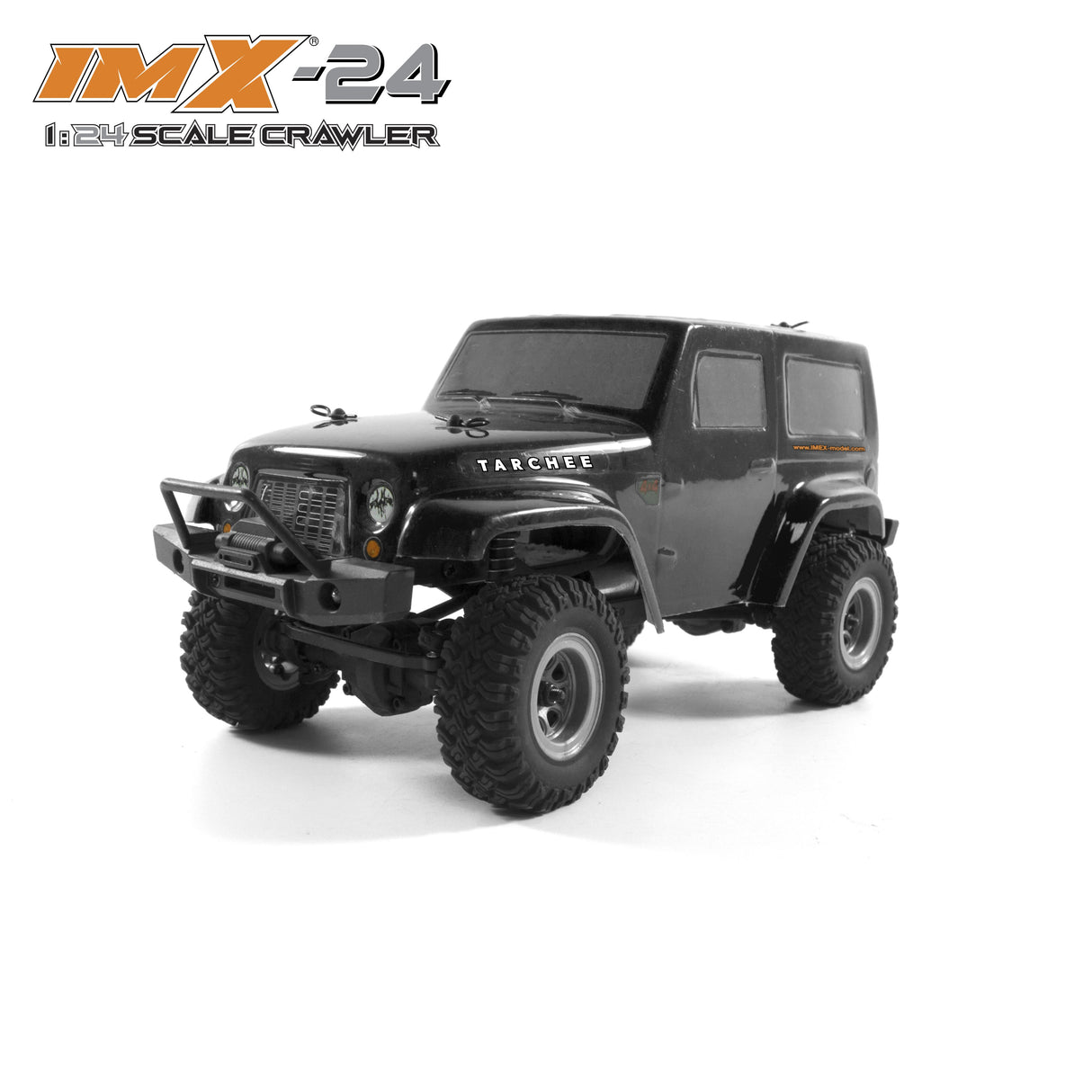 Black 1:24 scale crawler vehicle with large off-road tires for IMX IMX25055, side view