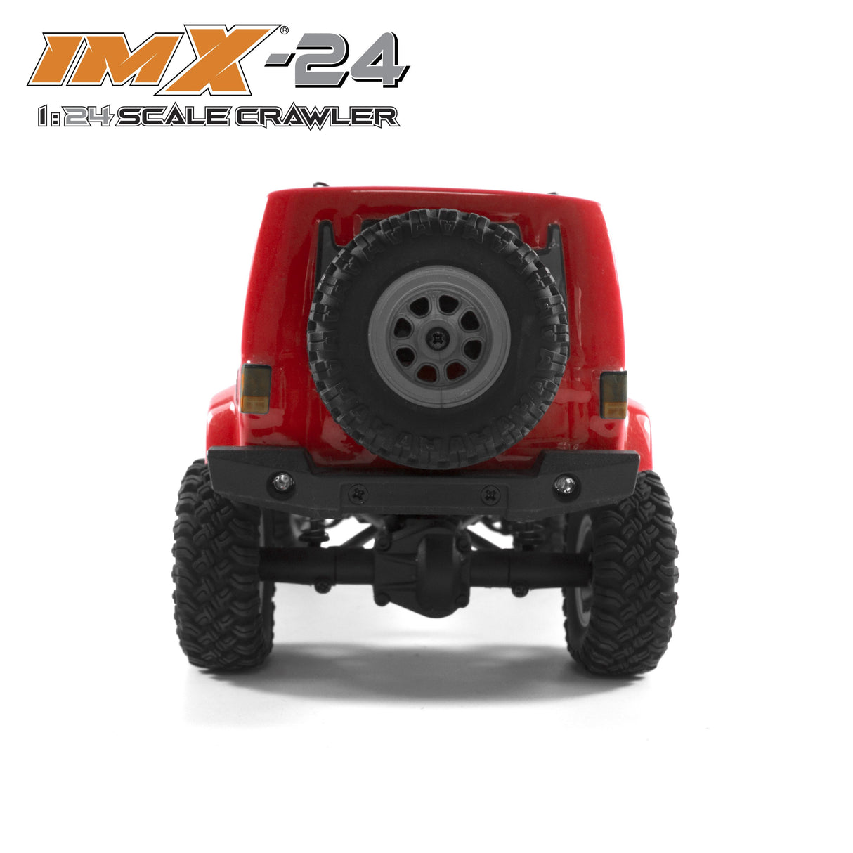Red 1:24 scale crawler vehicle with large off-road tires for IMX IMX25055, front view