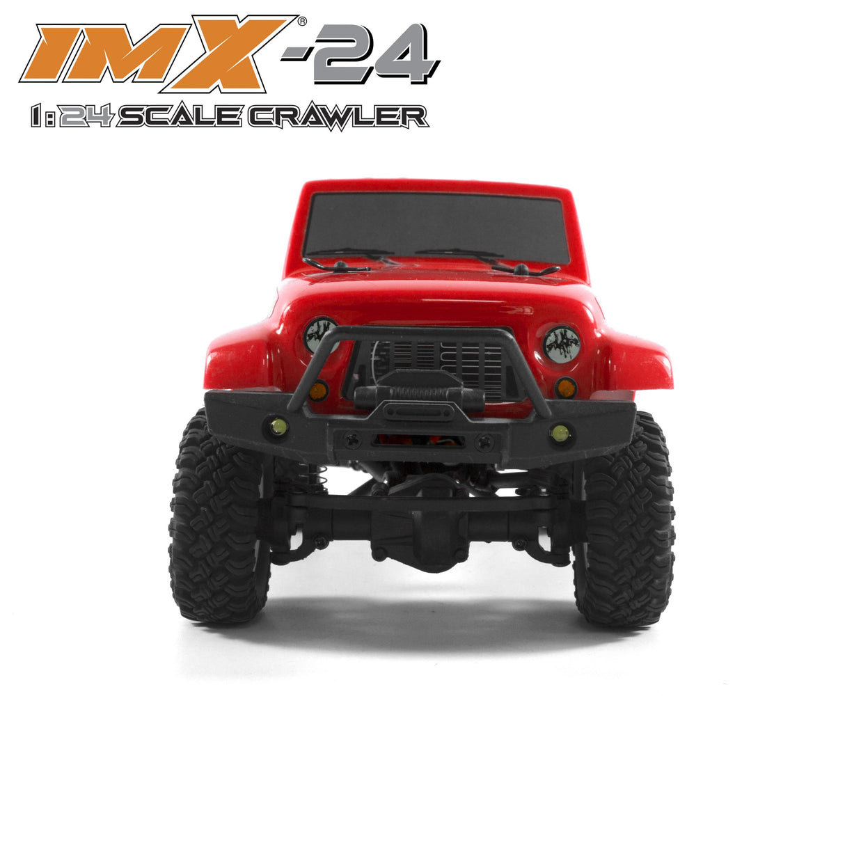Red 1:24 scale crawler vehicle with large off-road tires for IMX IMX25055, rear view