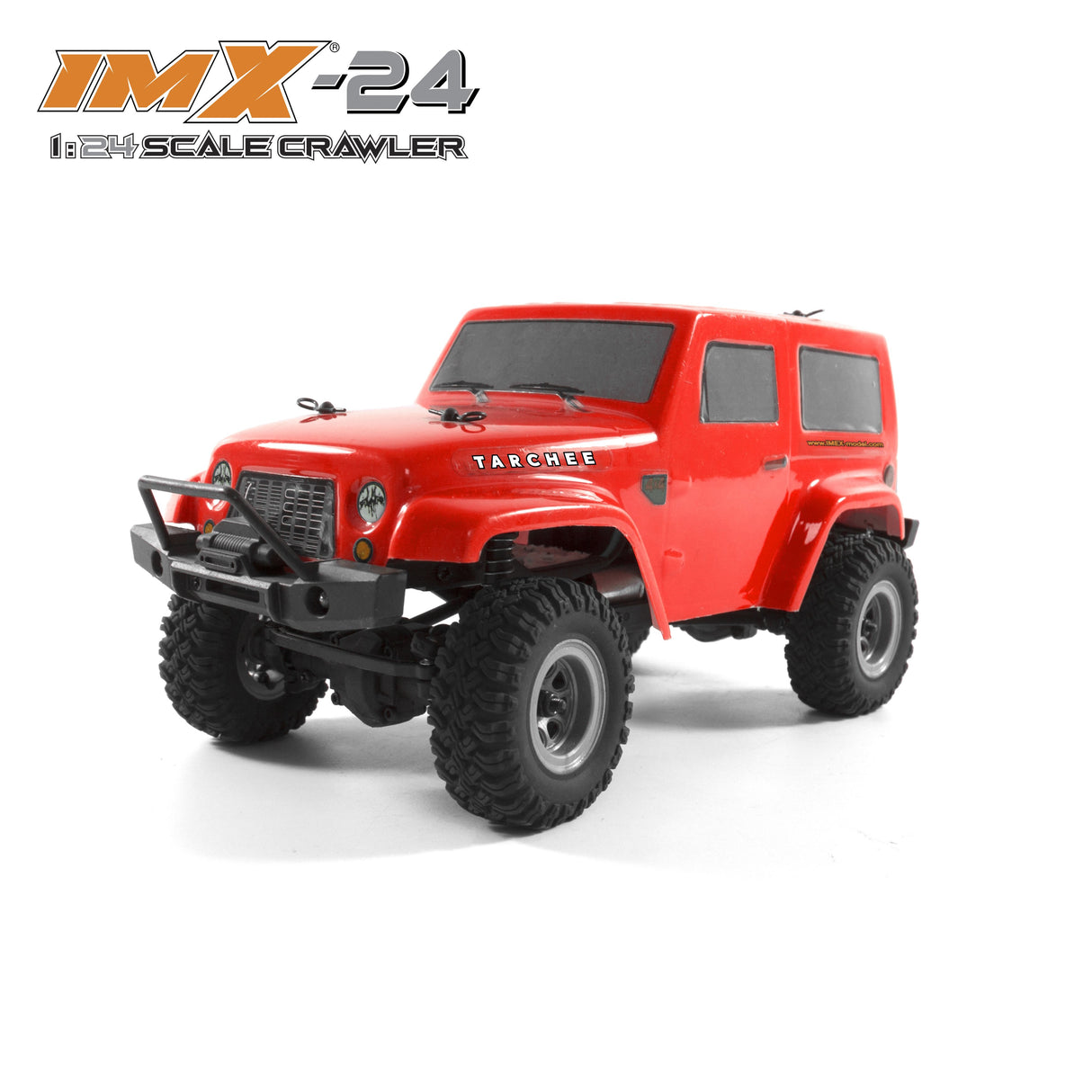Red scale crawler vehicle with large off-road tires for IMX IMX25055