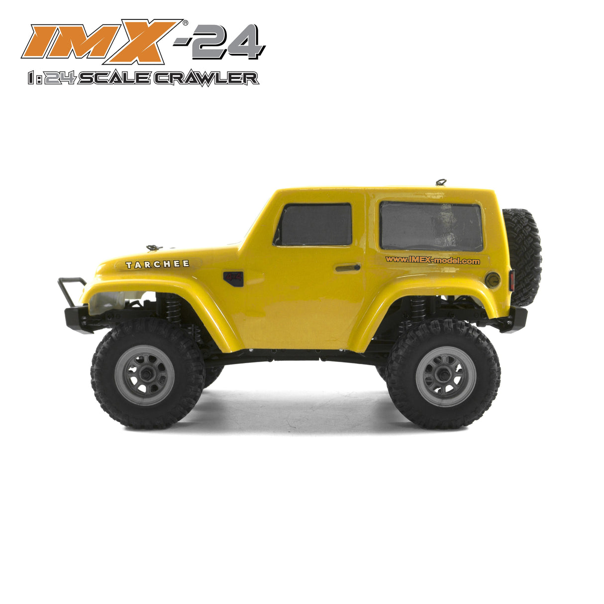 Yellow 1:24 scale crawler vehicle with large off-road tires for IMX IMX25055, front view