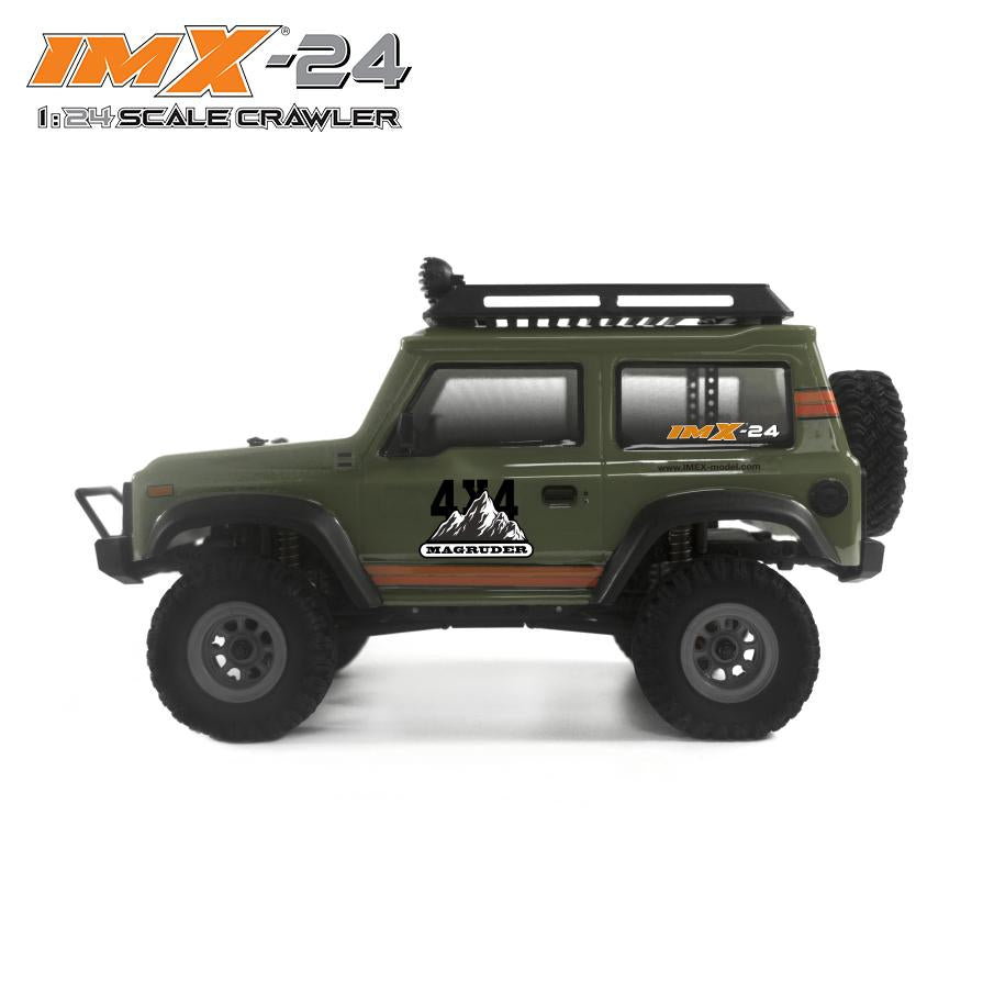 Green 1:24 scale crawler vehicle with off-road tires and roof rack for IMX IMX25060, front view