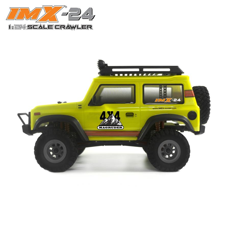 Yellow 1:24 scale crawler vehicle with off-road tires and roof rack for IMX IMX25060, front view