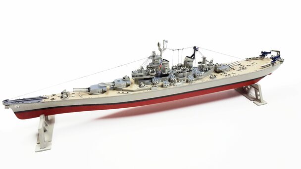 Model kit of the USS Iowa battleship, BB-61, displayed on a stand for Atlantis Model Co ALM369
