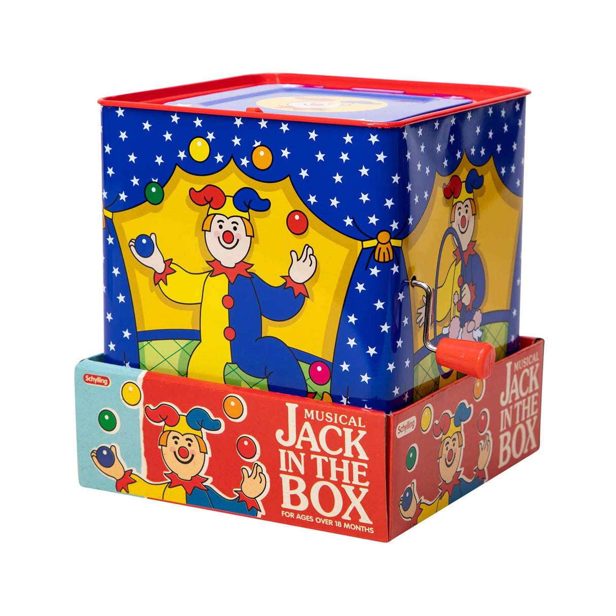 Toy box with jester character art, open and closed for play for Schylling JJB