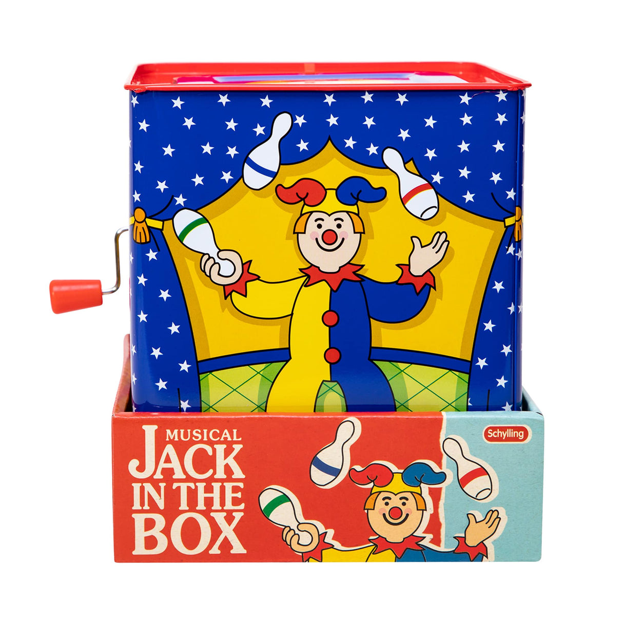 Toy box with jester figure, featuring bright colors and stars for Schylling JJB