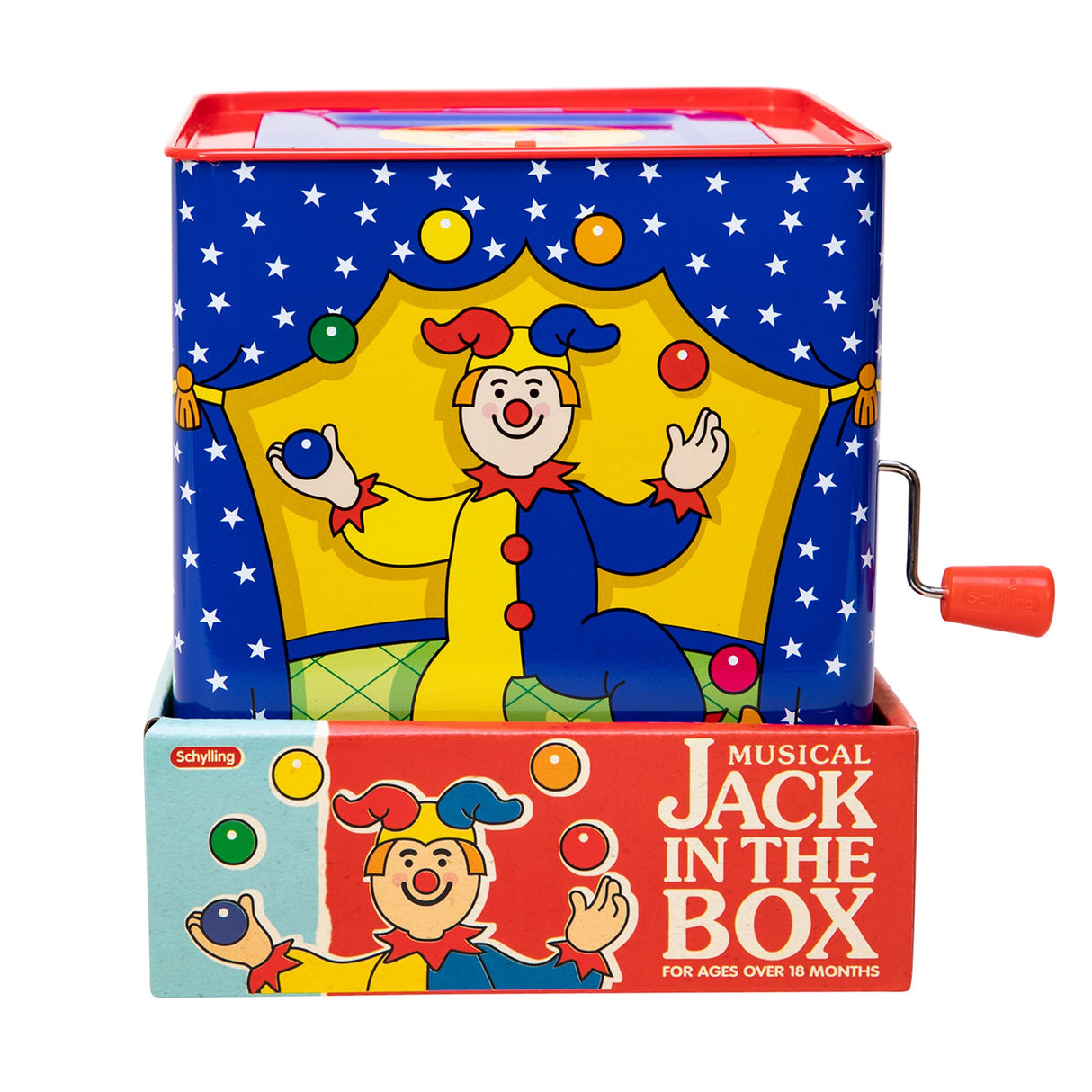 Toy box with jester figure, featuring bright colors and play elements for Schylling JJB