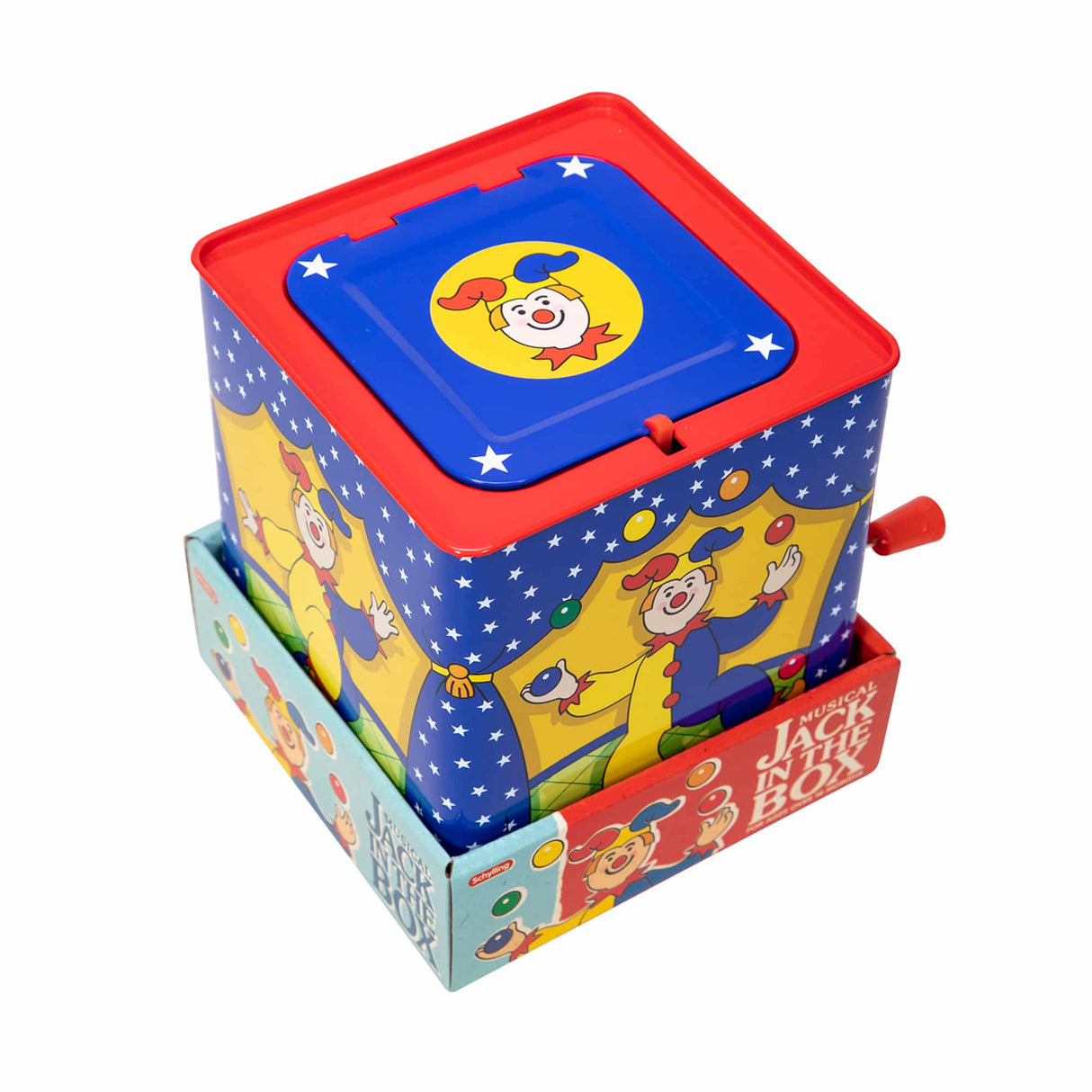 Toy box with jester jack design, open for play for Schylling JJB
