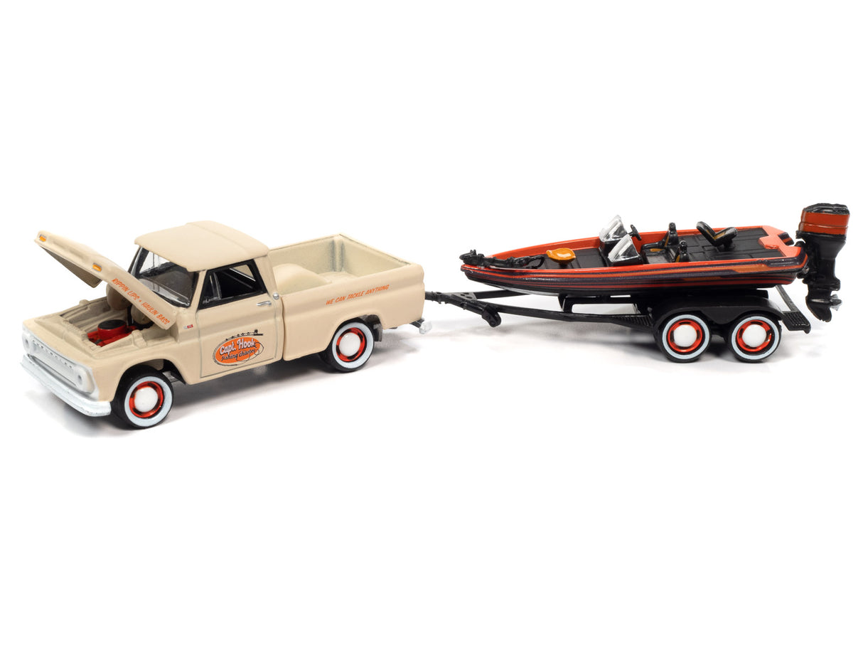 Toy truck towing a boat trailer with a small boat for Johnny Lightning JLBT015