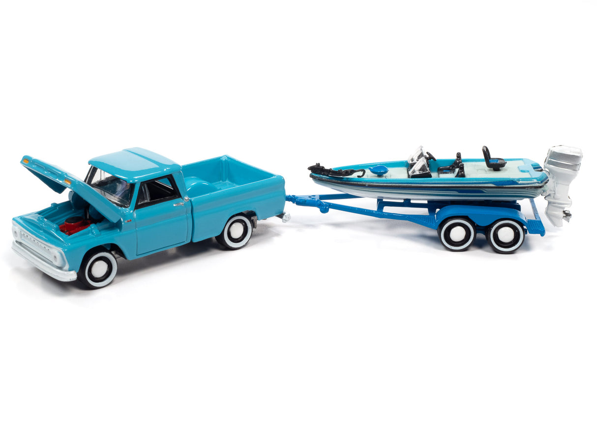 Toy truck towing a trailer with a small blue boat for Johnny Lightning JLBT015
