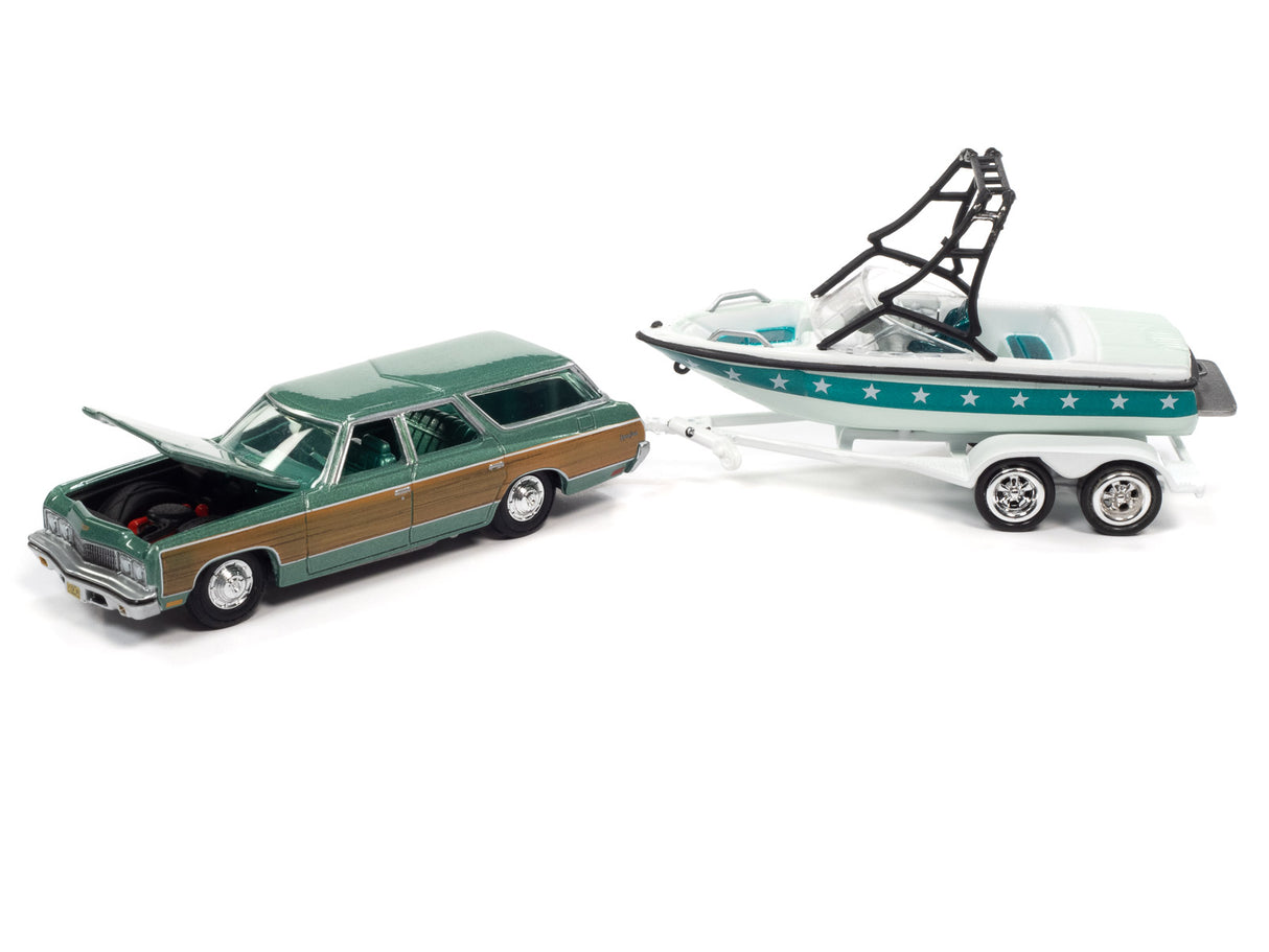 Green car with open hood and white boat trailer with boat for Johnny Lightning JLBT015