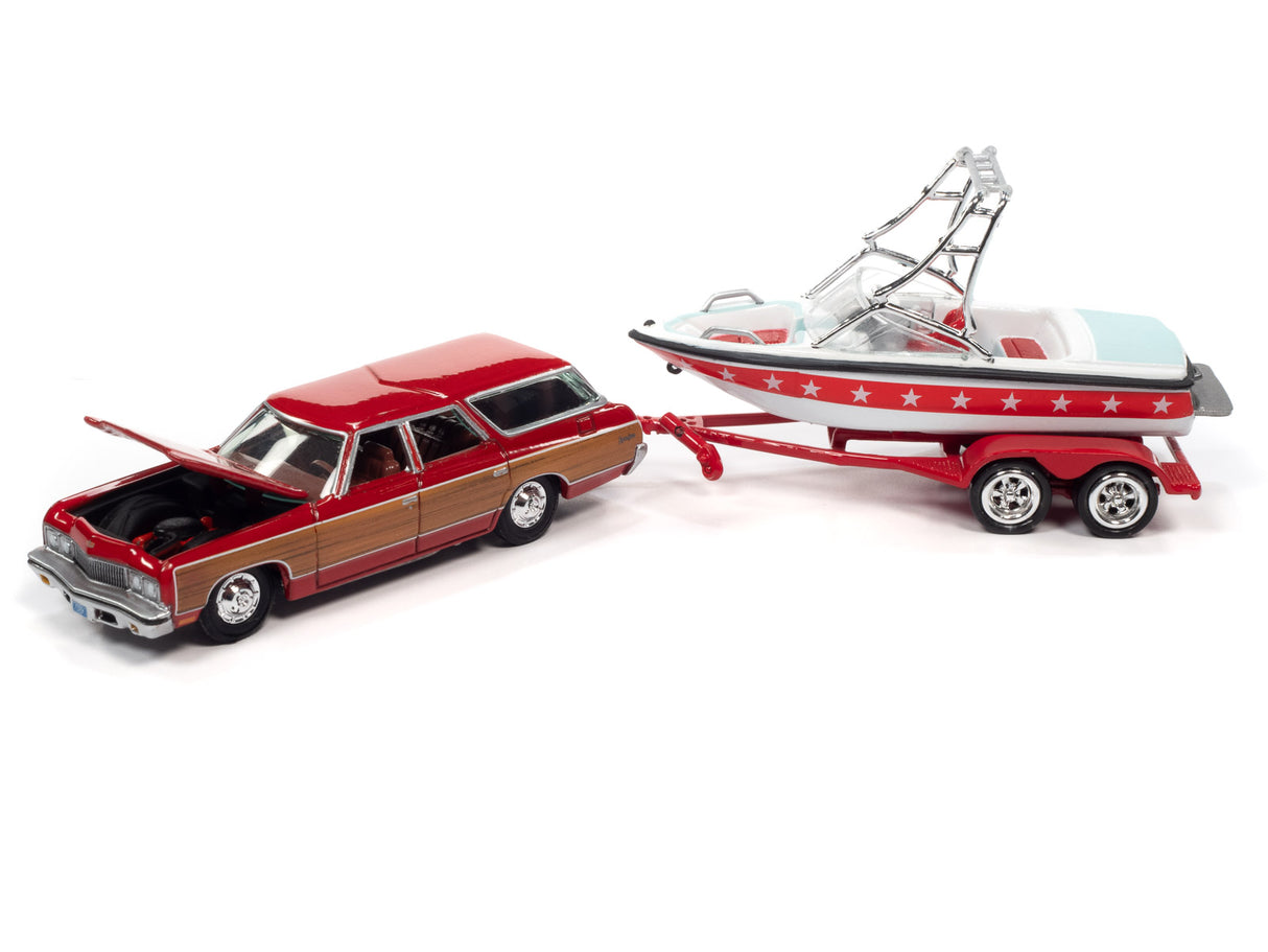 Red car towing a boat trailer with a small boat for Johnny Lightning JLBT015