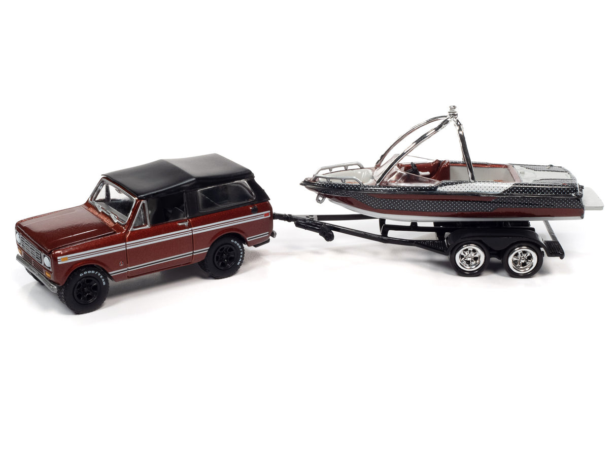 Black and red vintage car towing a boat trailer with a boat for Johnny Lightning JLBT015