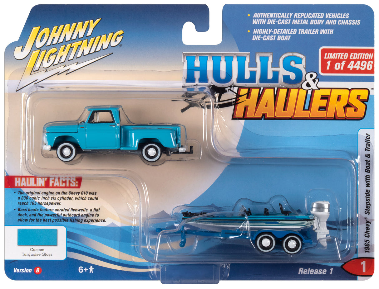 Die-cast truck and boat set: 1965 Chevy with trailer for Johnny Lightning JLBT015