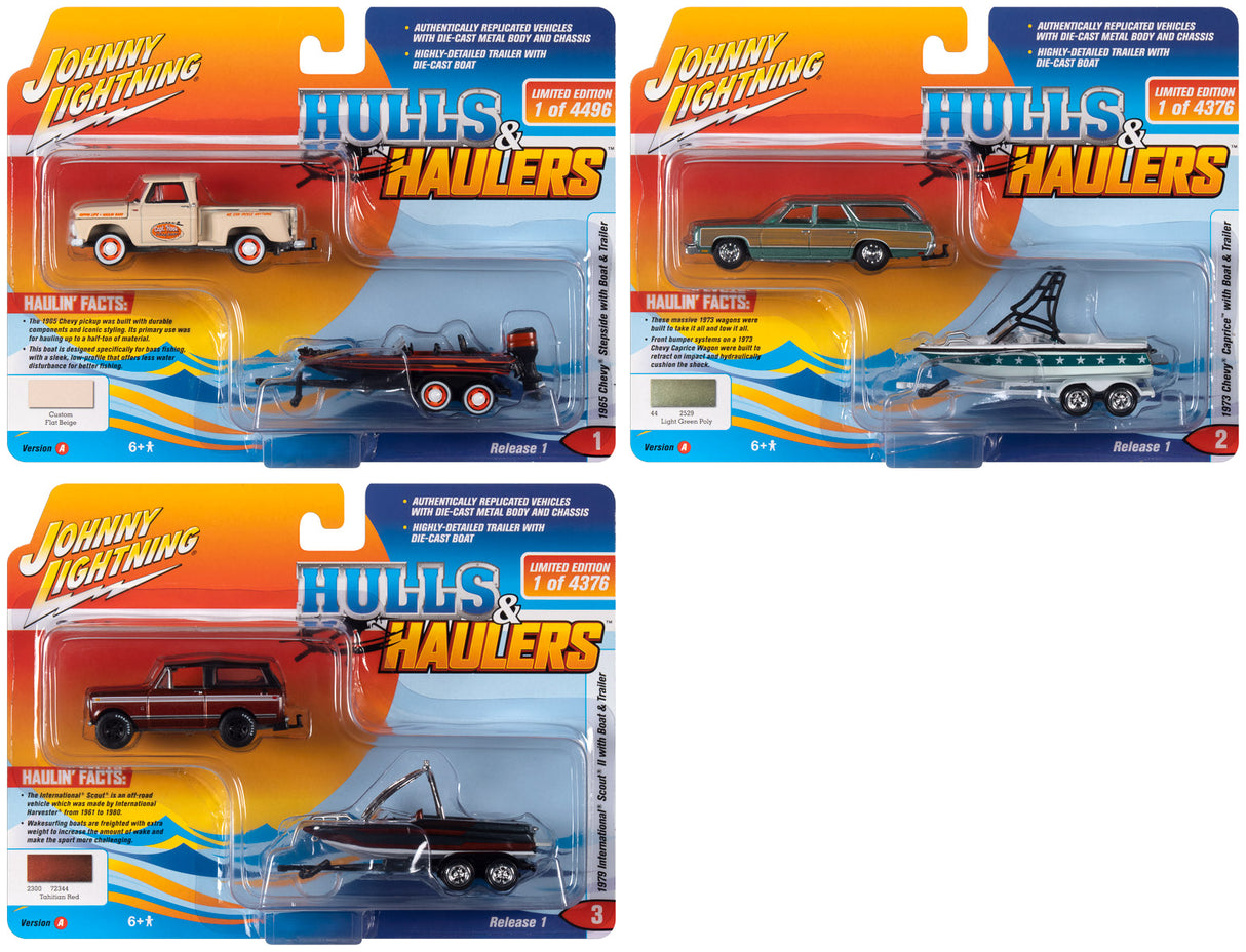 Three toy vehicle sets: a red truck, a silver car, and a black car with trailer for Johnny Lightning JLBT015