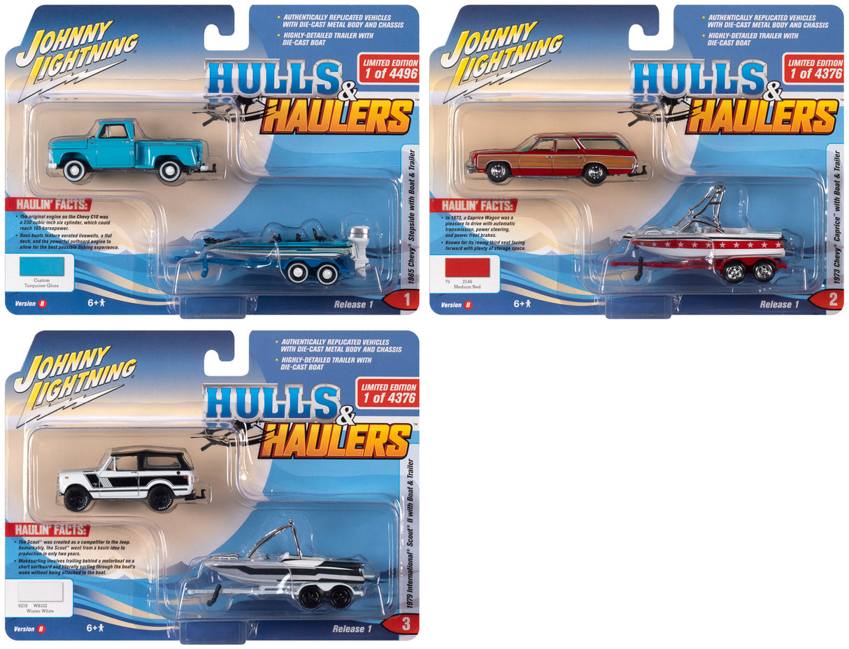 Toy vehicles: fishing boat, truck/trailer, and boat with trailer for Johnny Lightning JLBT015