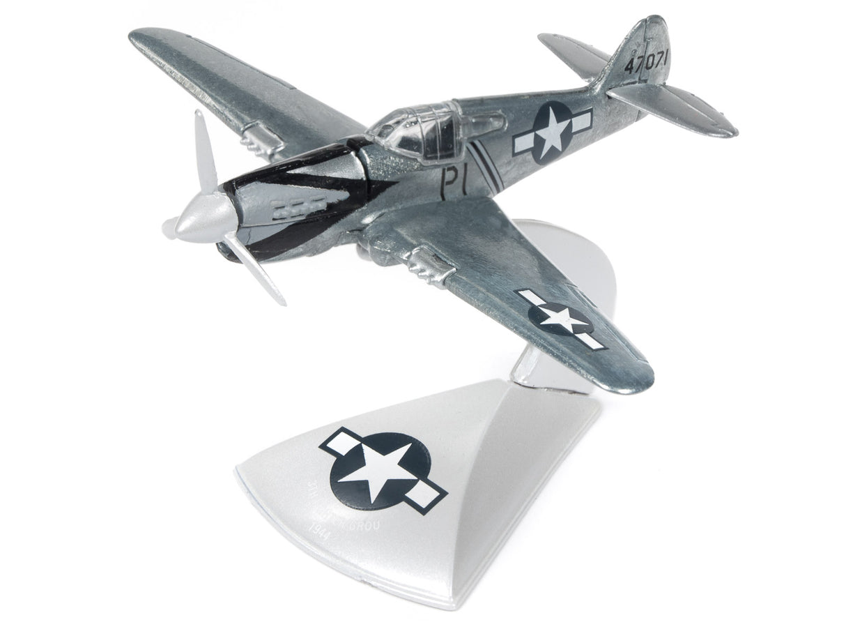 Silver die-cast model airplane, WWII era, with tail fin display for Johnny Lightning JLML004