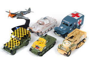 Collection of die-cast military vehicles: plane, jeep, tank, ambulance, and truck for Johnny Lightning JLML004