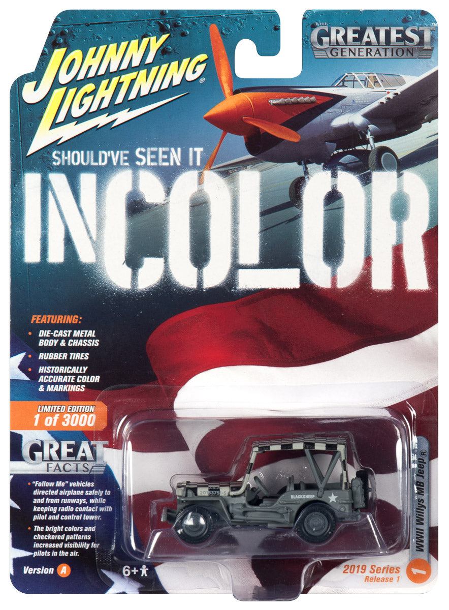 Die-cast model airplane set in a patriotic red, white, and blue design for Johnny Lightning JLML004