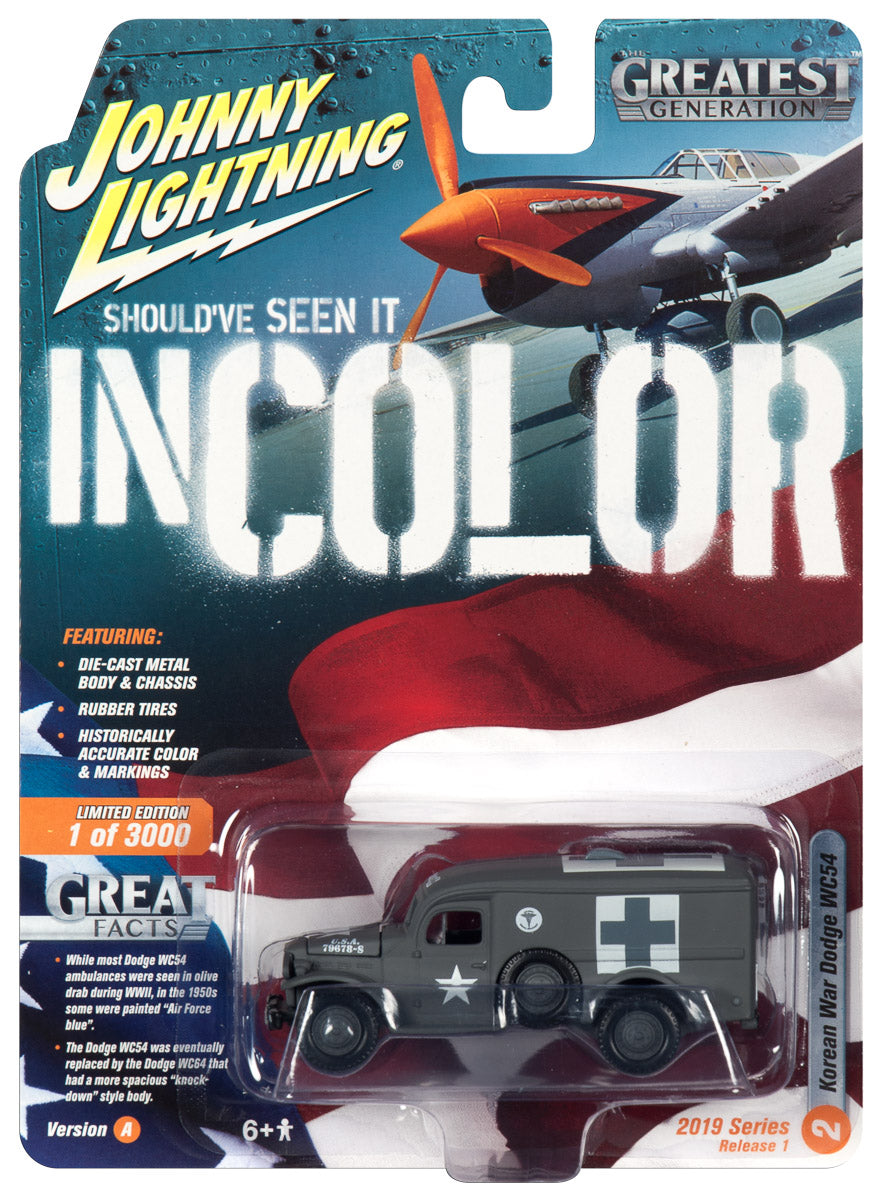 Die-cast model set featuring WWII vehicles: Dodge WC54 and Korean War Dodge WC54 for Johnny Lightning JLML004