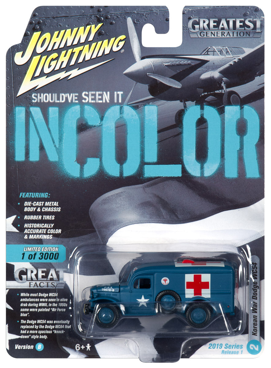 Die-cast model set featuring a Dodge WC54 and a Korean War Dodge WC54 for Johnny Lightning JLML004