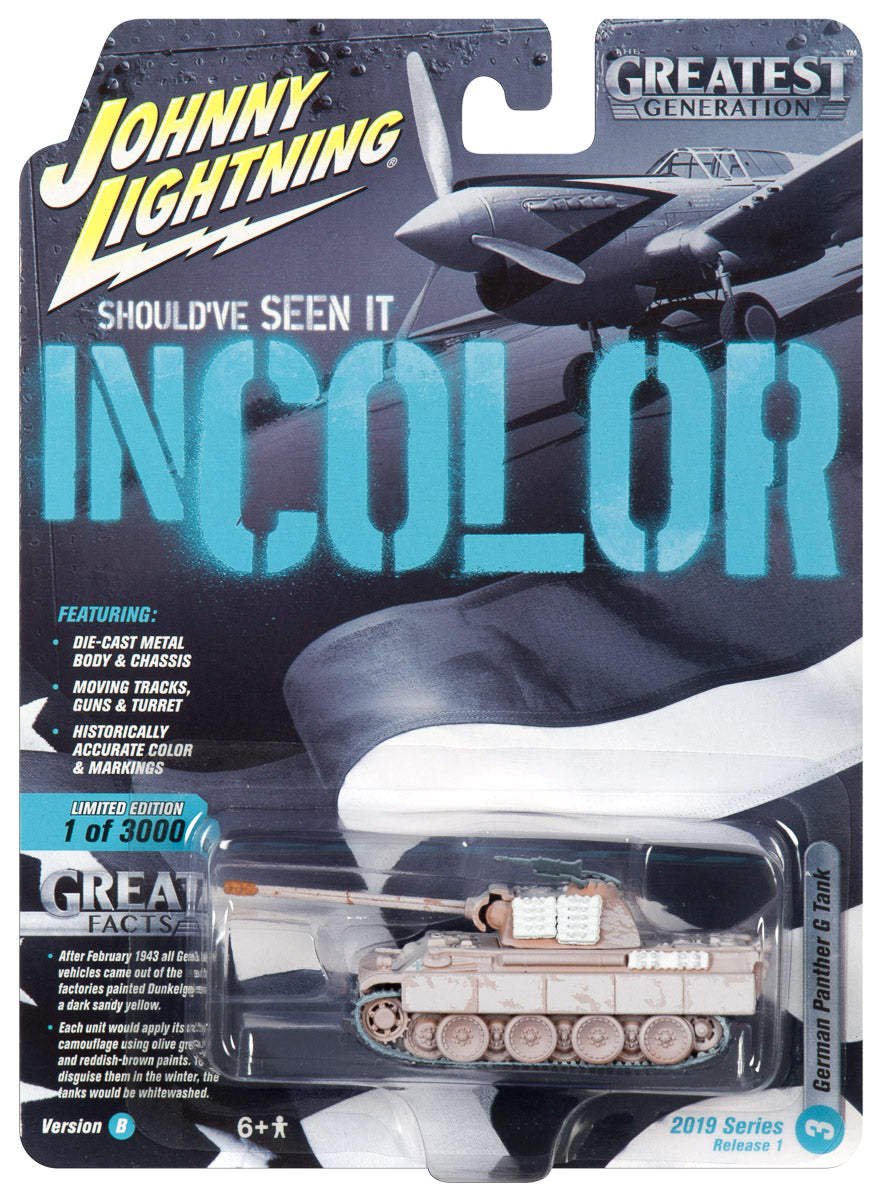 Model kit box art showing a die-cast model of a German Panther G tank for Johnny Lightning JLML004