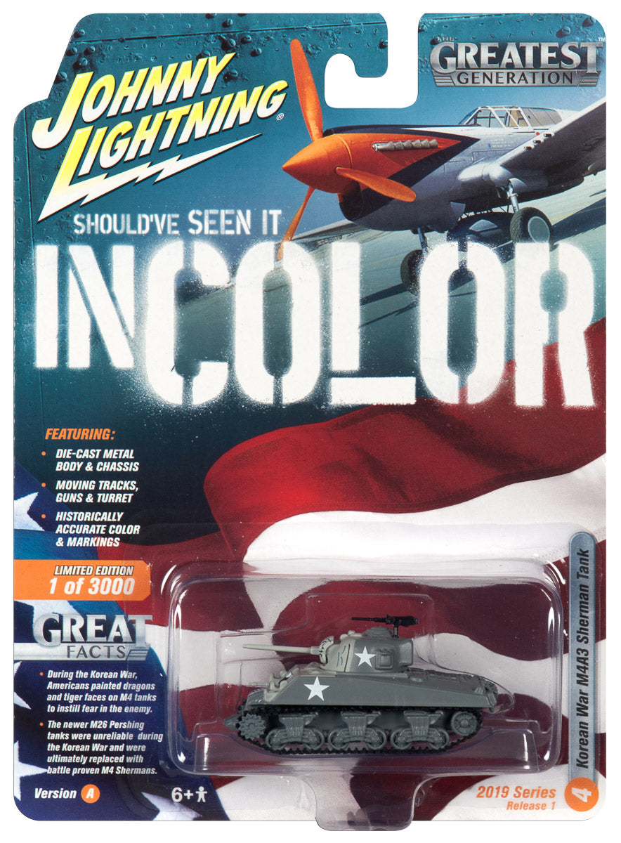 Toy model set featuring colored tanks and aircraft from the Korean War era for Johnny Lightning JLML004