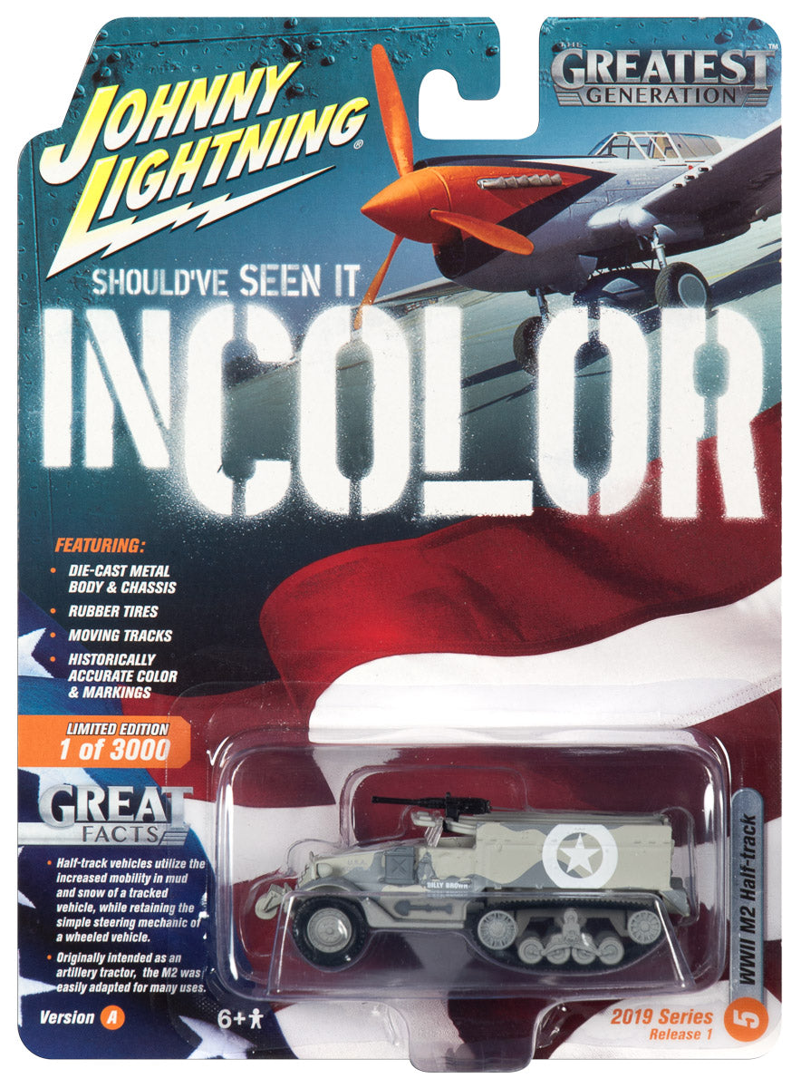 Model kit of a WWII M2 half-track vehicle in a display box for Johnny Lightning JLML004